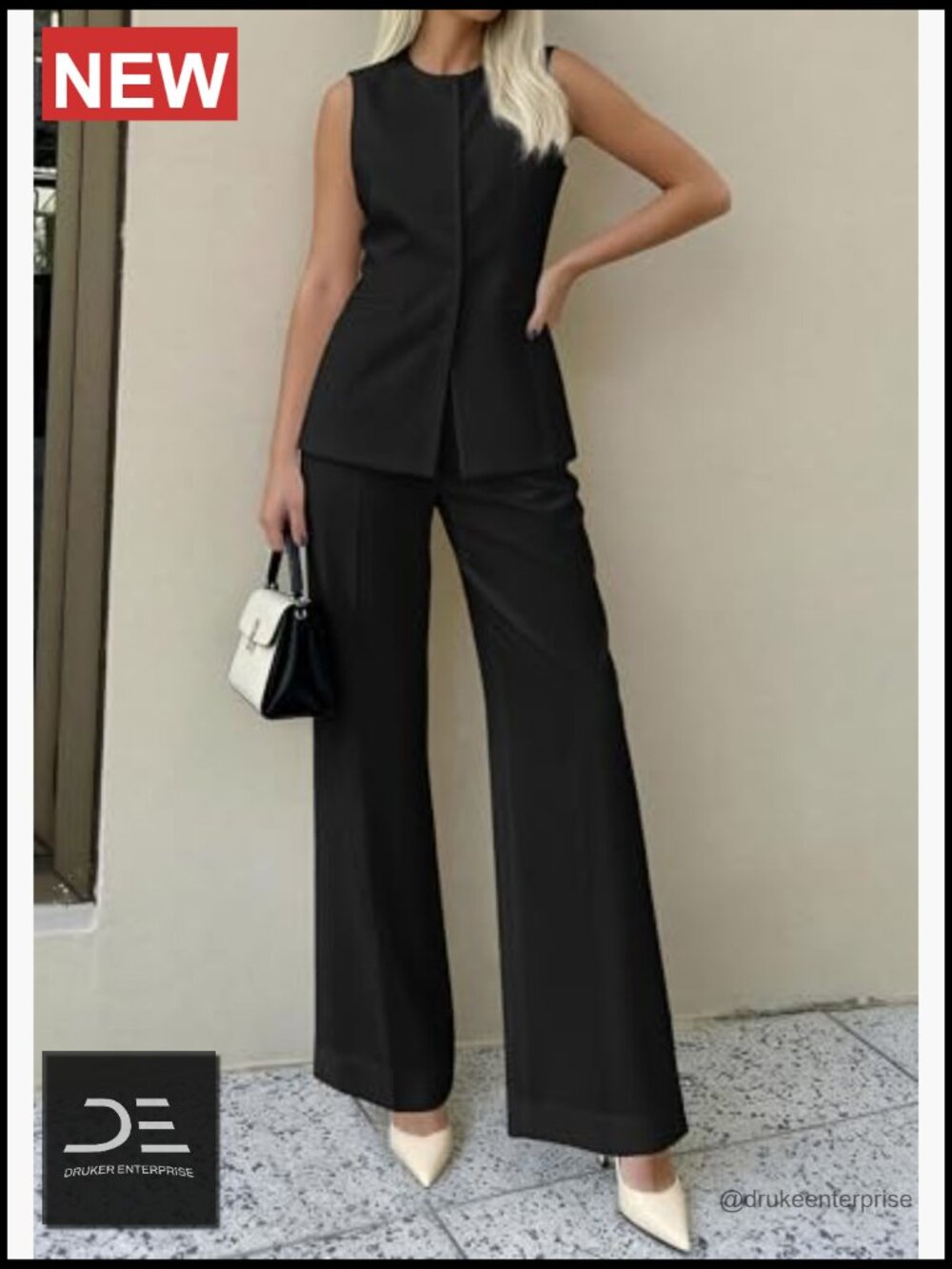 2 Piece Vest and Wide Leg Pants Set - Sleeveless Blazer Suit - Business Casual - Picture 5 of 7